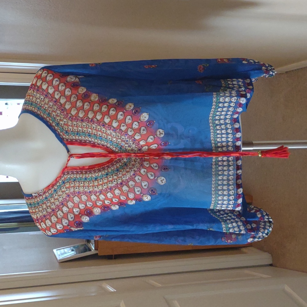 ASA Kaftans boho patterned blue semi sheer top w/ tassels & beads  size small